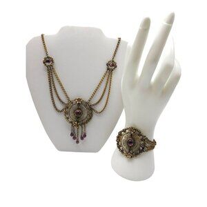 Czechoslovakia Art Nouveau Purple Glass Festoon Necklace Bracelet Brass Set